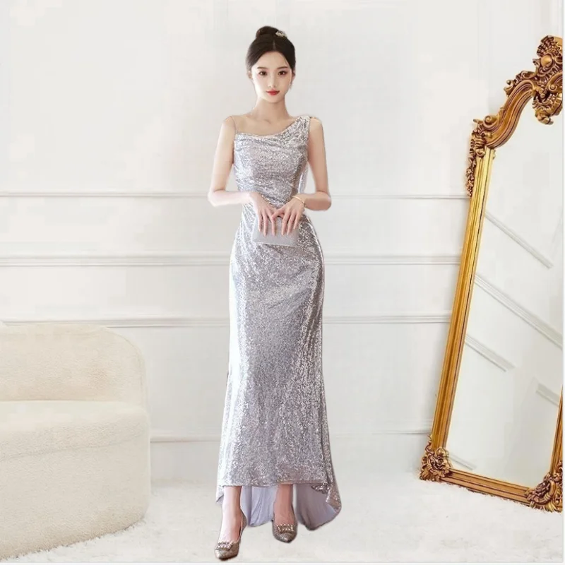 

Off Shoulder Evening Dress For Women Sliver Backless Off Shoulder Ball Gown Celebrate Party Lady Dress Maxi Mermaid Female Robe