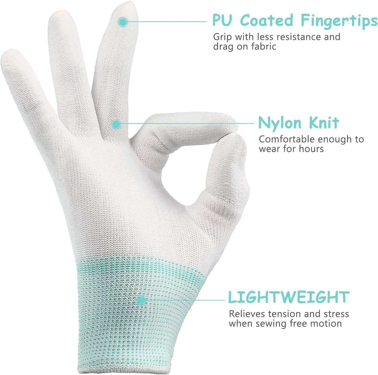 Quilting Gloves 2Pairs Working Gloves Quilting Gloves Free-Motion Quilting White Nylon Sewing Glove Grip Fingertip Crafting Quilter