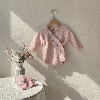2025 Autumn New Baby Girl Flower Embroidery Knitted Bodysuit + Hat Infant Cute Hollow Out Jumpsuit Newborn Toddler Clothes 0-24M