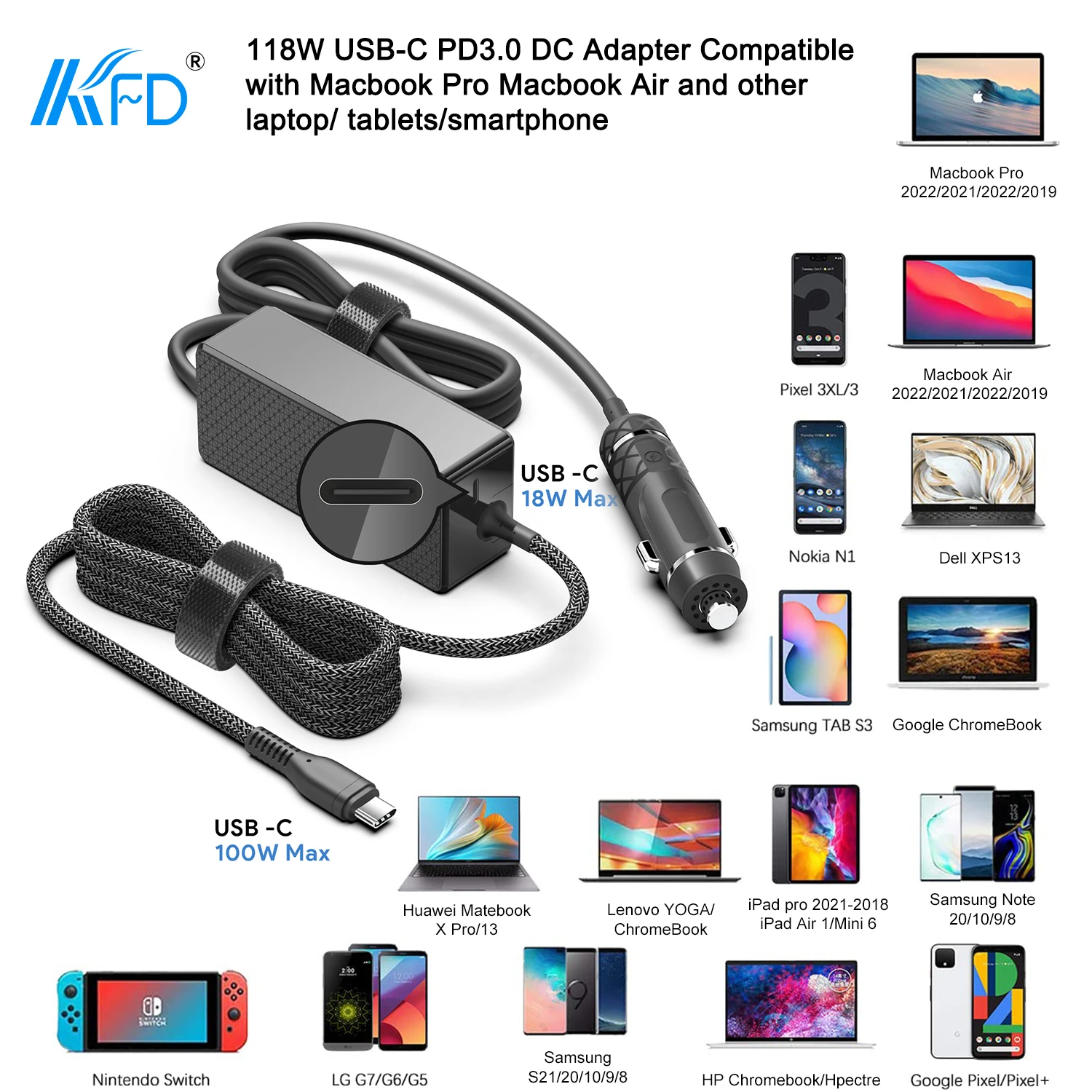 KFD 65W USB C Chargeur de Voiture pour Macbook Pro Air 2020 2019 2018 2017  2016 HP Dell ASUS Samsung Google Chromebook Huawei Matebook Tablette