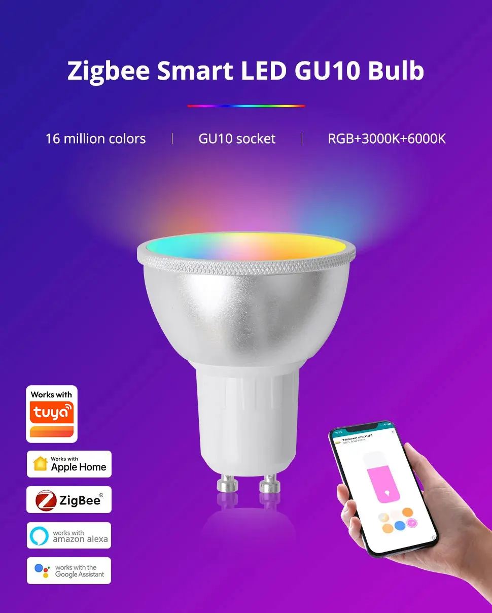 Benexamrt Zigbee GU10 LED Light Bulb RGBCW Dimmable Spotlighting Alexa Siri Voic