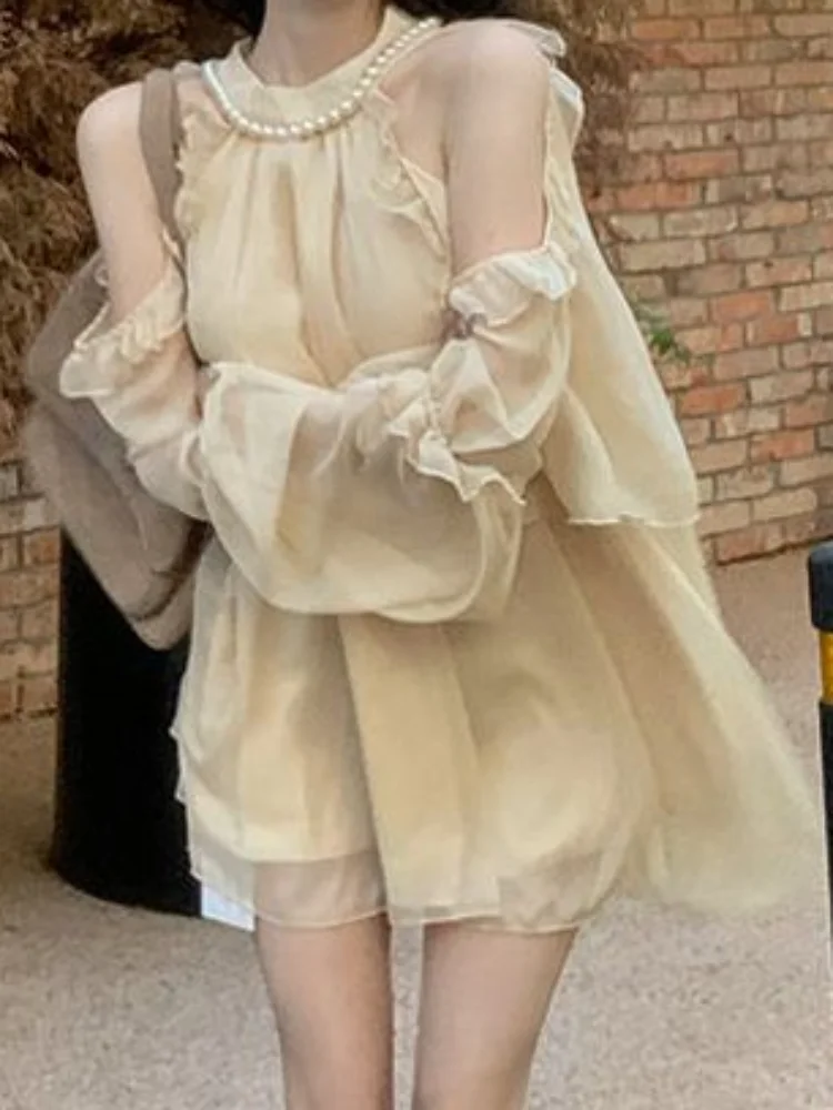 

QWEEK 2023 Mesh Halter Dresses Office Ladies Elegant Korean Fashion Off Shoulder Short Dress Birthday Party Summer Chic