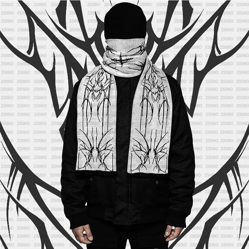 Winter Fashion creative Gothic striped knitted women's scarf men's Y2K scarf apron black tassel luminous Kpop women luxury