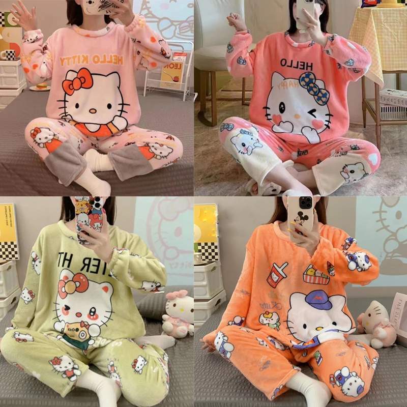 New Kitty Y2K Sanrioed Kawaii Cartoon Plush Pajamas Anime Sleepwear Homewear Suit Cute Girl Nightwear Spring Autumn Coral Fleece fdfklak autumn new breast feeding nightwear maternity nursing pajamas set room wear nursing sleepwear pregnancy pyjamas