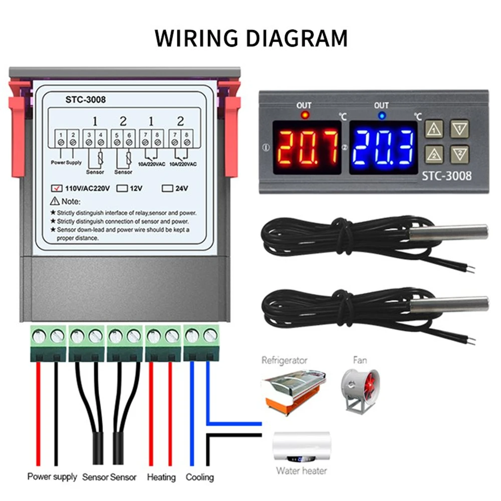 STC-3008 듀얼 디지털 LED 온도 컨트롤러 온도 조절기 인큐베이터, 프로브 포함 릴레이 출력 온도조절기 2 개, 12V, 24V, 220V