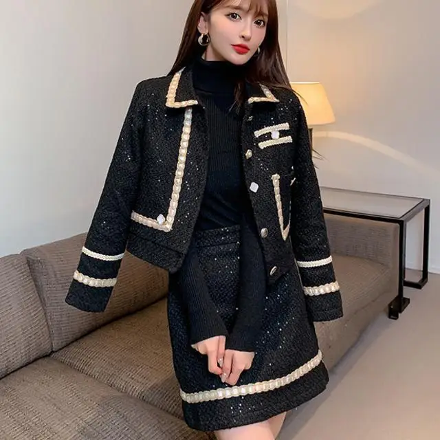 

Retro Spring and Autumn Coarse Tweed Sequined Blazers Coat Beading Suits Jacket Cardigan Tops + A-Line Sequins Skirt 2pcs Set