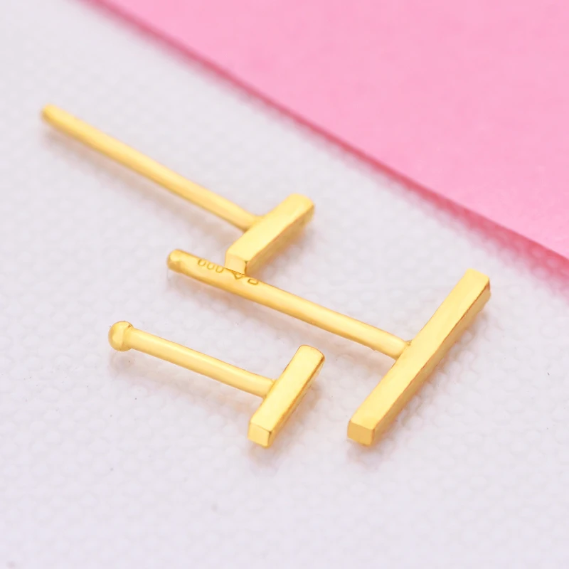 

Pure Solid Gold Earrings Stud For Women Real 24K Yellow Gold Small Delicate T Shaped Gold Earrings 0.5cm/0.8cm/1cmL