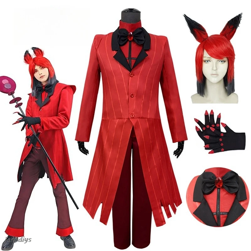 

Hazbin Cosplay Hotel Alastor Costume with Wig Red Jacket Uniform Suit Full Set of Halloween Carnival Birthday Party Dress