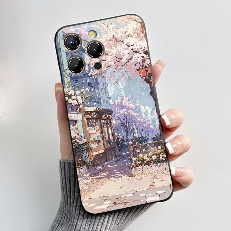 Chrysanthemum Forest Pattern Anti-Scratch Black Soft Phone Case