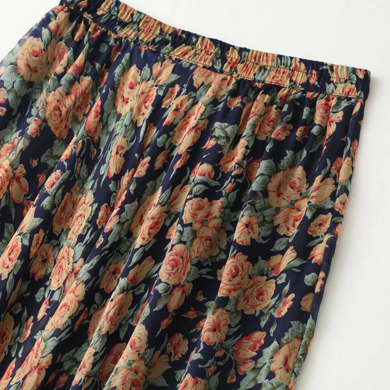 Spring/Summer New Silk Print Skirt for Women's Middle and Long Elastic Waist Shows Thin Silk A-line Large Swing Skirt Versatile