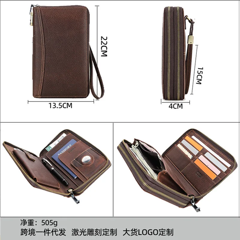 Litchi Patterned Cow Leather RFID Anti-theft Metal Double Zipper Combination Lock Travel Passport Bag  Clutch Bag Long Wallet 4