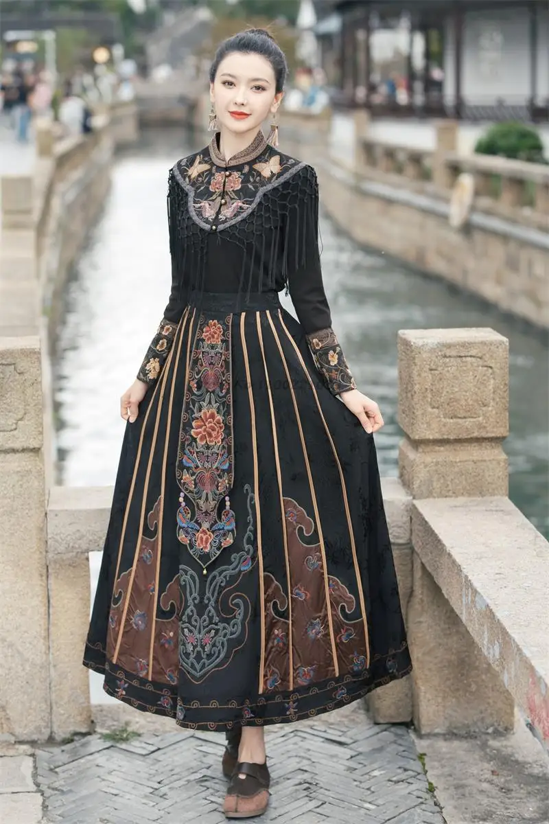 chinese vintage satin jacquard skirt national flower embroidery elastic waist skirt ethnic a-line women streetwear