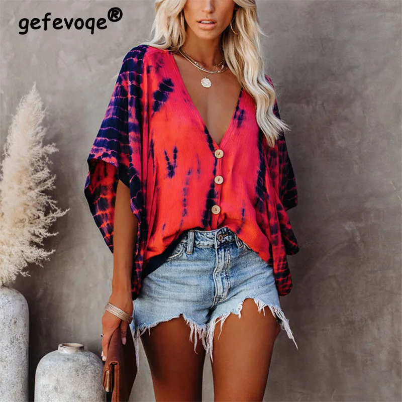 Summer Fashion Oversized Deep V-neck Women's Shirt Tie Dye Vintage Print Button Batwing Sleeve Top Female Casual Loose Cardigan