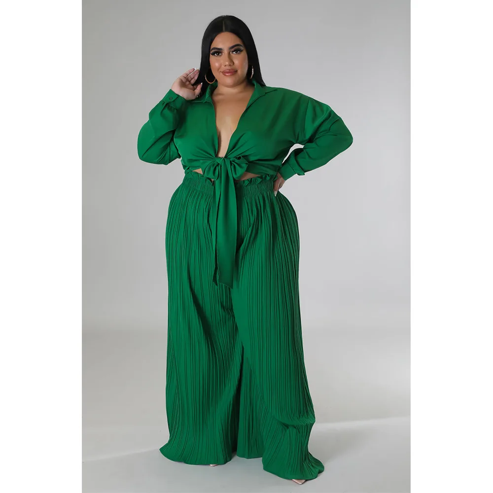 Plus Size Women 5xl Sets Solid Blouse Tops And Wide Leg Pants 2022 Autumn Two Piece Sets Fashion Bandage Wholesale Clothes