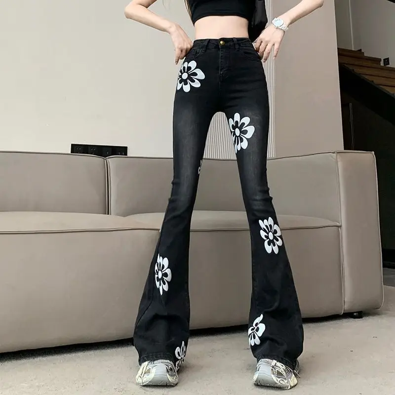 American Vintage High Waist Skinny Flare Jeans Spring Summer Women Fashion Casual Versatile Slim Floral Straight Denim Pants