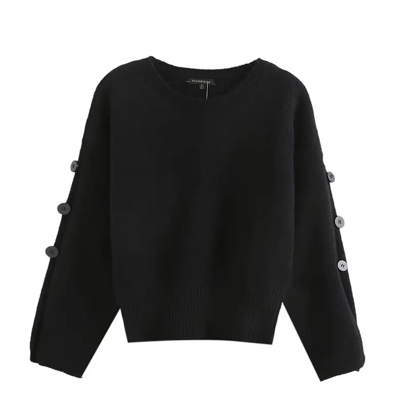 

Women's 2023 New Fashion Joker Button Decoration Hollow Design Knitted Sweater Retro O-neck Long-sleeved Pullover Chic Top