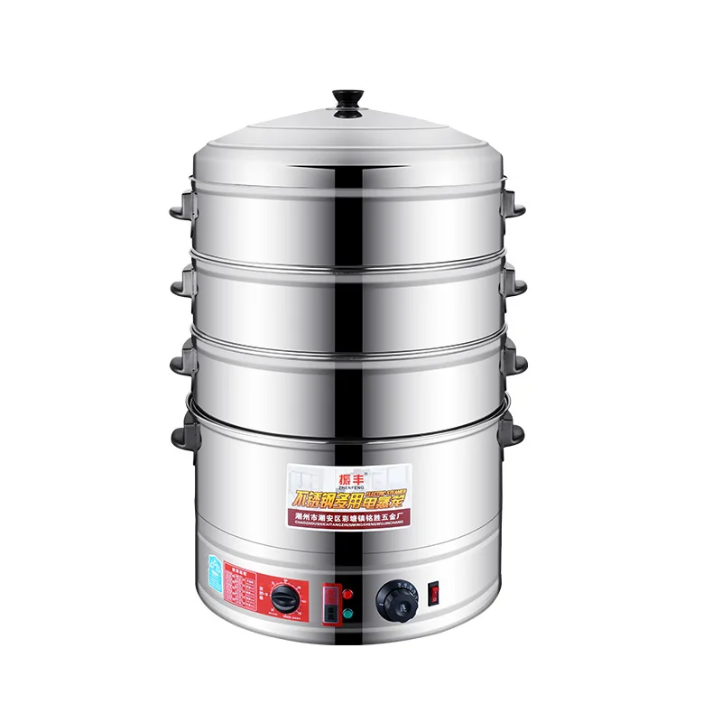220V Electric Steamer Stainless Steel 35/40/47/52cm Big Capacity Commercial Steamer Pot 3/4 Layers Electric Food Steamer Timing 6