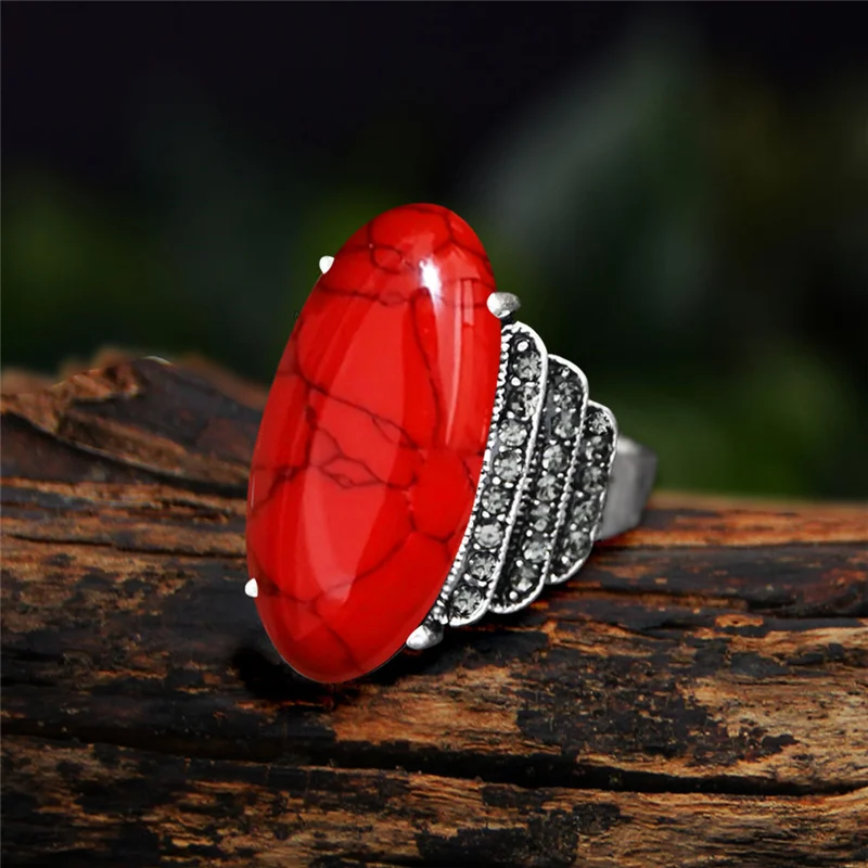 Vintage Eye Shape Syntetic Turquoises Rings for Women Real Antique Silver Plated 5 Colors Fashion Rhinestone Ring