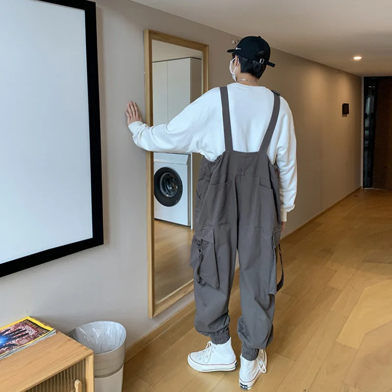 Men Suspenders Jumpsuit Pants Autumn Overalls Japanese Loose Straps Casual Pockets Unisex Oversize Streetwear Solid Clothing