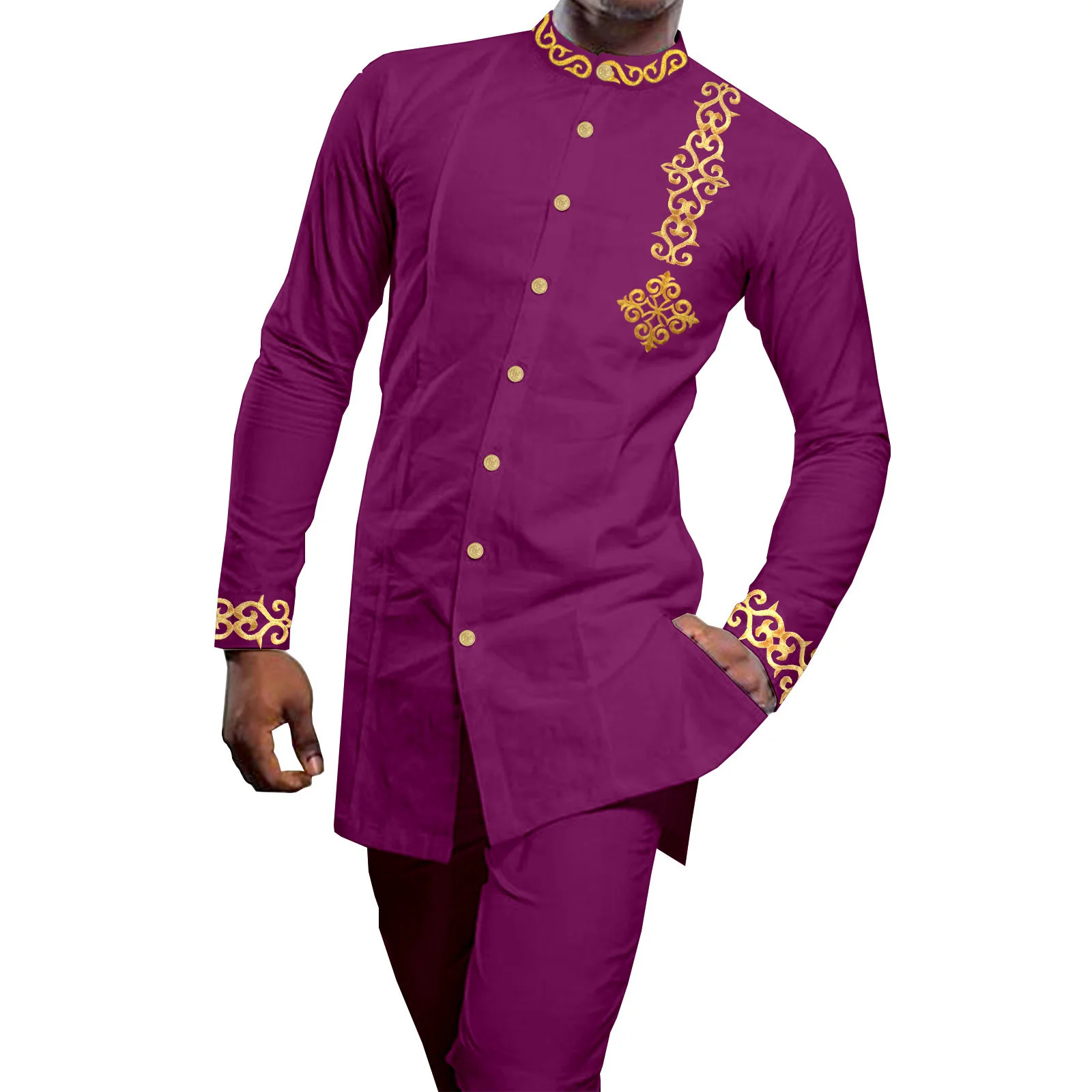 

African Clothes for Men Embroidery Blazer and Pants 2 Piece Set Dashiki Vintage Outfits for Party Wedding Evening Wear