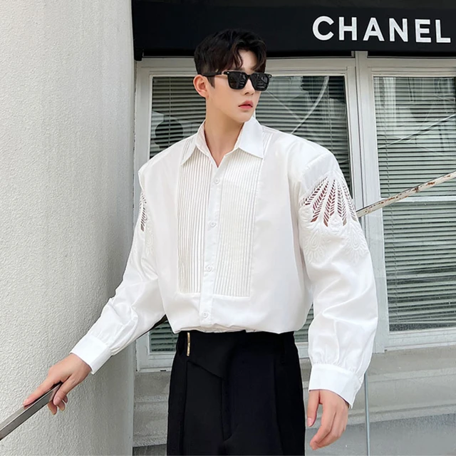 Men Net Celebrity Hollow Embroidery Streetwear Fashion Vintage Long Sleeve  Loose Casual Shirts Male White Dress Shirts - AliExpress