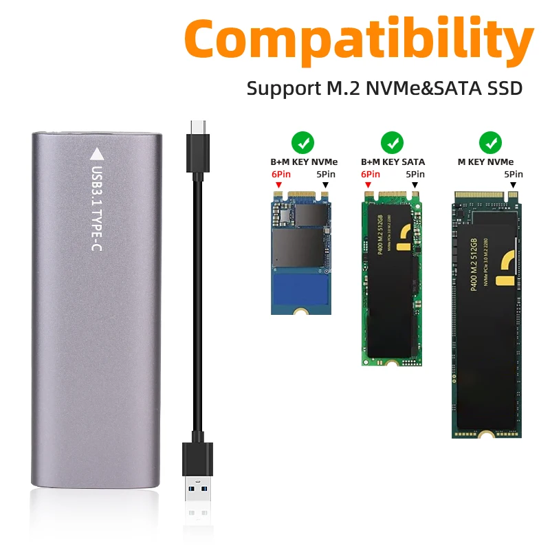 M2 NVMe SSD 케이스 10Gbps HDD 박스 M.2 NVME NGFF-USB 3.1 외부 SSD 인클로저 타입-A-타입-C 케이블 (2230/2242/2260/2280 호환)