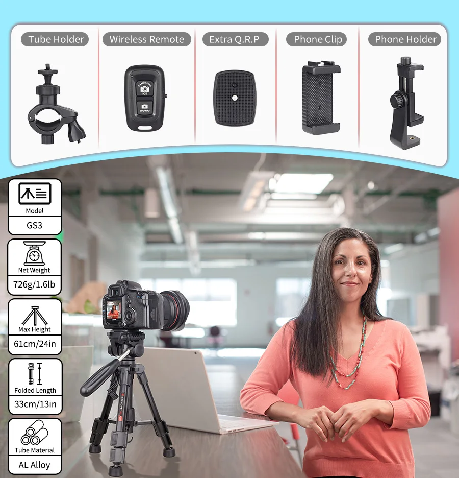 GS3 Mini Lightweight Desktop Tripod with 3-Way Flexible Pan Head and Bubble Leve