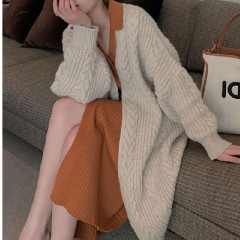 New Women's Knitted Sweater Jacket Retro Cardigan V-neck Loose Long Elegant Office Top Fashion Lady's Clothing