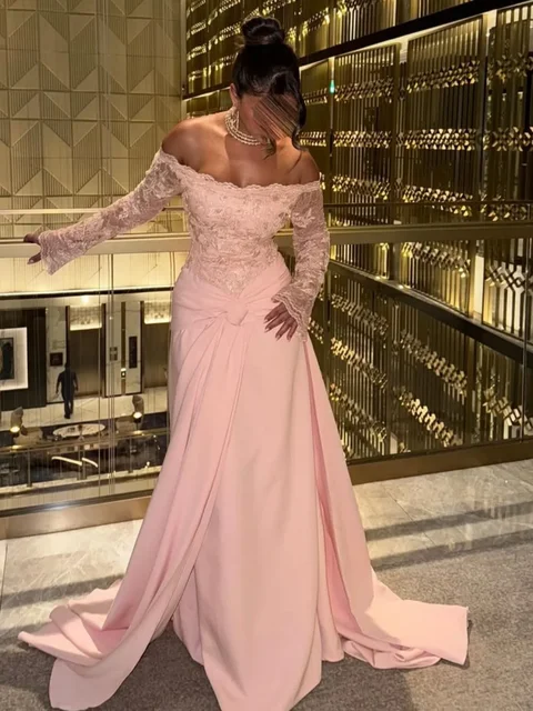 customized Elegant Prom Dresses Long Sleeves Formal Evening Dresses Pink Lace Robes De Party Dresses فساتين مناس 1