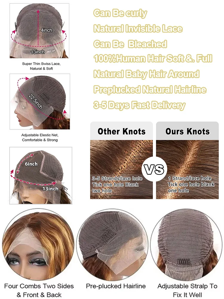30 40 Inch 250 Density 4/27 Highlight Ombre Blonde Body Wave 13x4 Lace Front Wig Brown Color 13x6 HD Lace Frontal Human Hair Wig 6