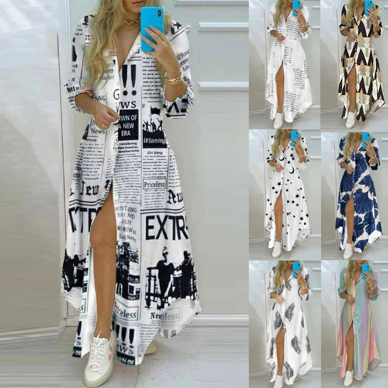 2022 New Long Shirt Dress Women Single Breasted Button Lapel Long Sleeve Dress Spring Summer Letter Print Oversized Robe Dresses plus size wedding dresses