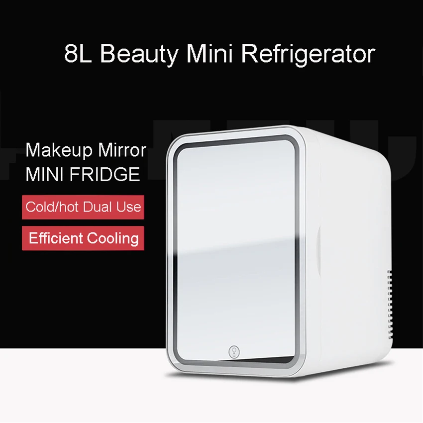 8LMiniMakeupFridgeWIthLEDLightMirrorPortableCosmeticStorage