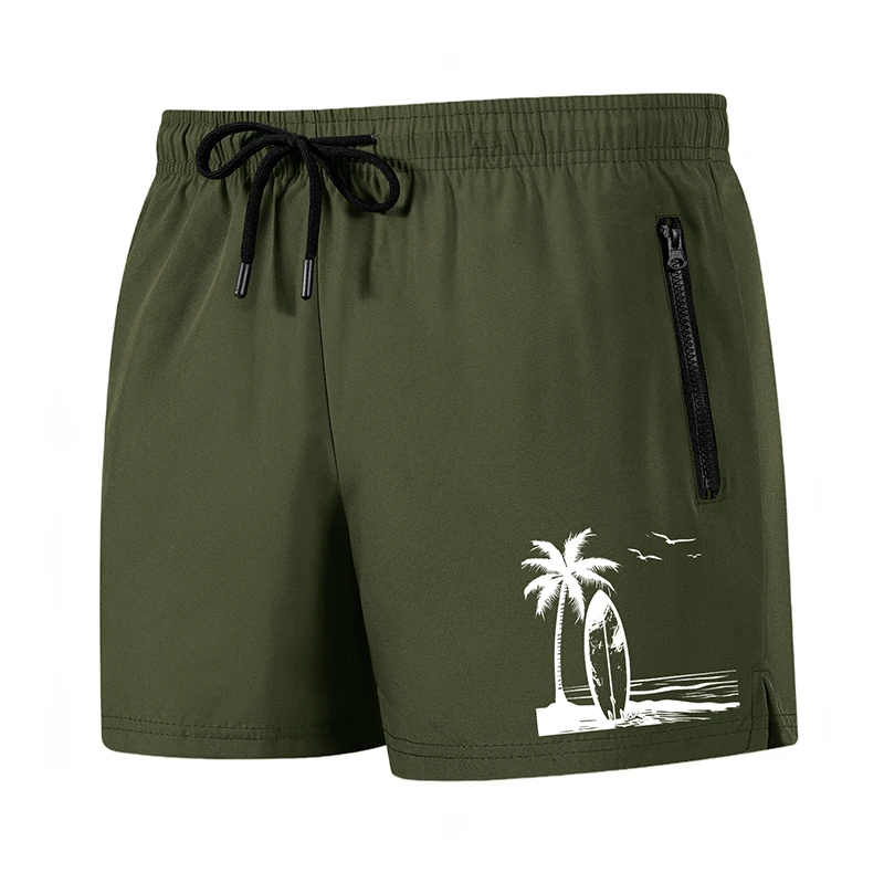 Tropical Surfboard Print Men's Beach Shorts with Mesh Liner and Zipper Pockets