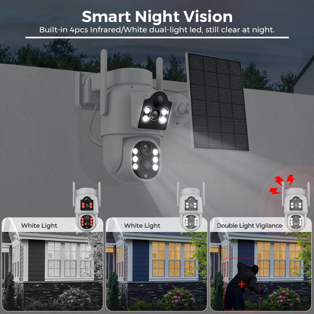 Solar IP Camera WiFi Outdoor Dual Lens PTZ Security Camera 4MP HD Built in Battery Solar Panel Wireless Camera PIR Alarm iCsee 6
