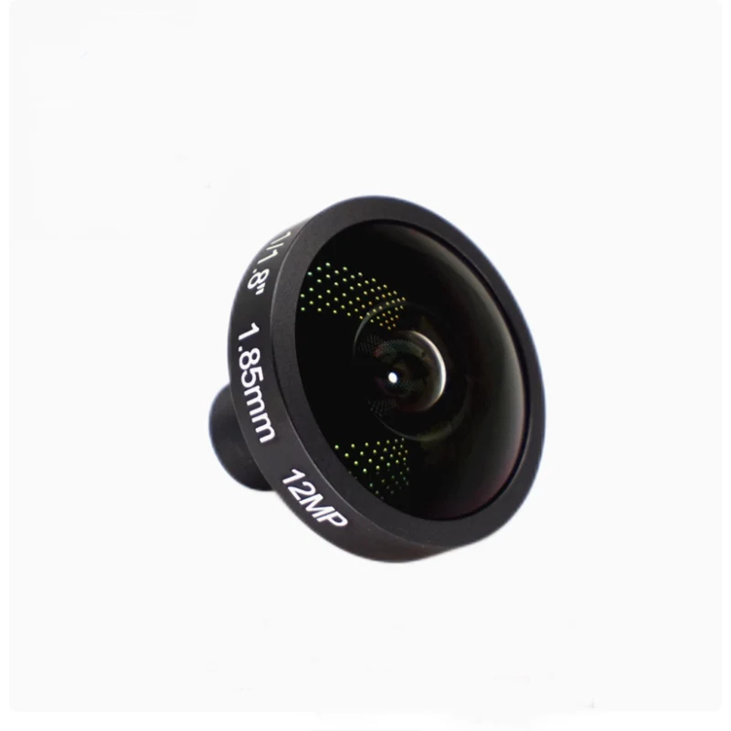 Objectif fisheye 4K 12MP 1.85mm M12 avec filtre IR 650nm, posé sur fond noir, vue de dessus