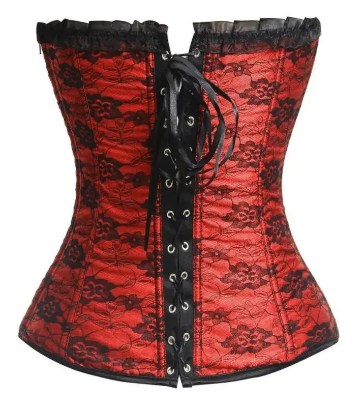 Women's Sexy Satin zipper side Overbust Corset Black Lace Overlay Corsets and Bustiers Waist Trainer Shapewear Espartilho