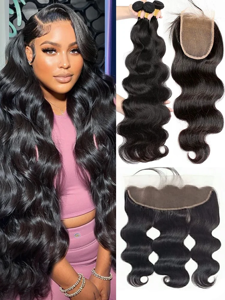 Body Wave Bundles Human Hair with Closure Natural Color 3Pcs Human Hair Bundles with 4X4 Closure 13X4 Lace Frontal with 3Bundles