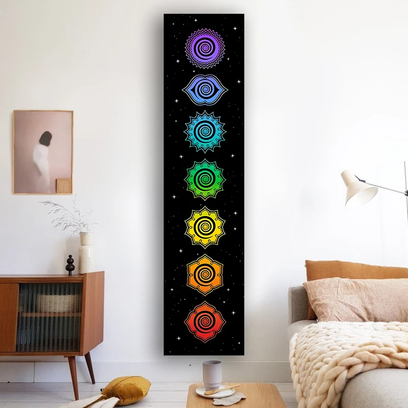 Arco-íris Chakras Tapeçaria Budismo Yoga Centros de Energia Cósmica meditação Tapeçarias Preto Parede Pendurado Quarto Drom Home Decor