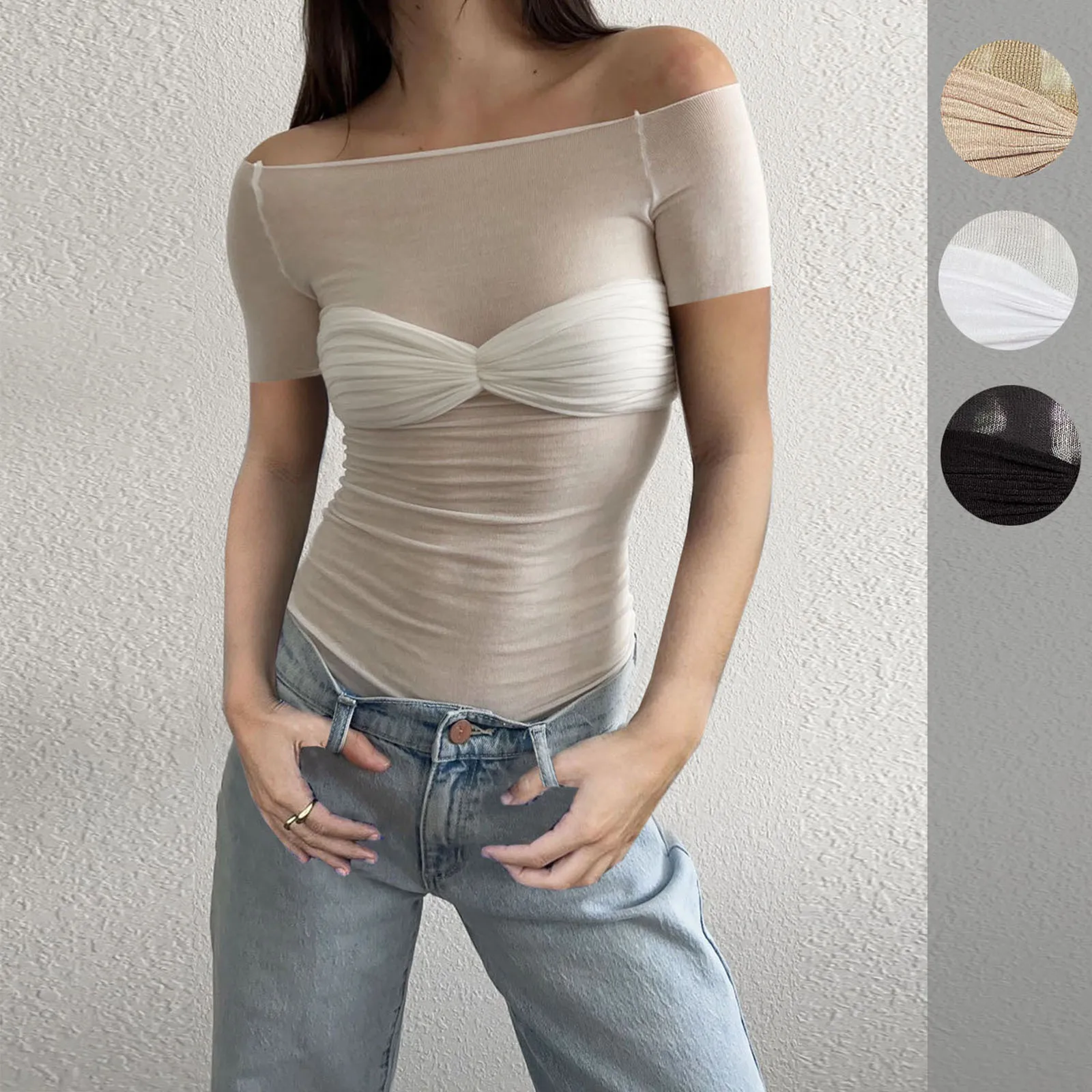 Short Sleeve Mesh Top Shirt For Women Off-Shoulder See-Through Knit Sexy Pullover Summer Sheer New 2025 Ladies T-shirt