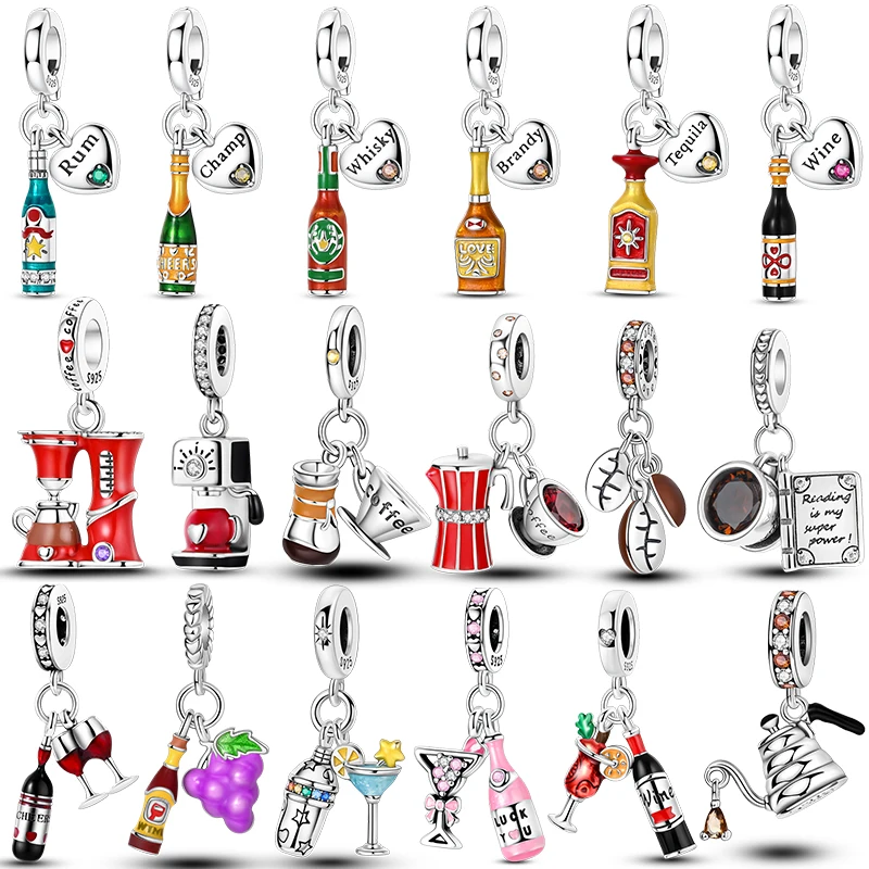Heißer Kaffeetasse 925 Sterling Silber Bunte Weinflasche Weinglas Charm Anhänger Original Passend Für Frauen DIY Schmuck Mädchen Charms