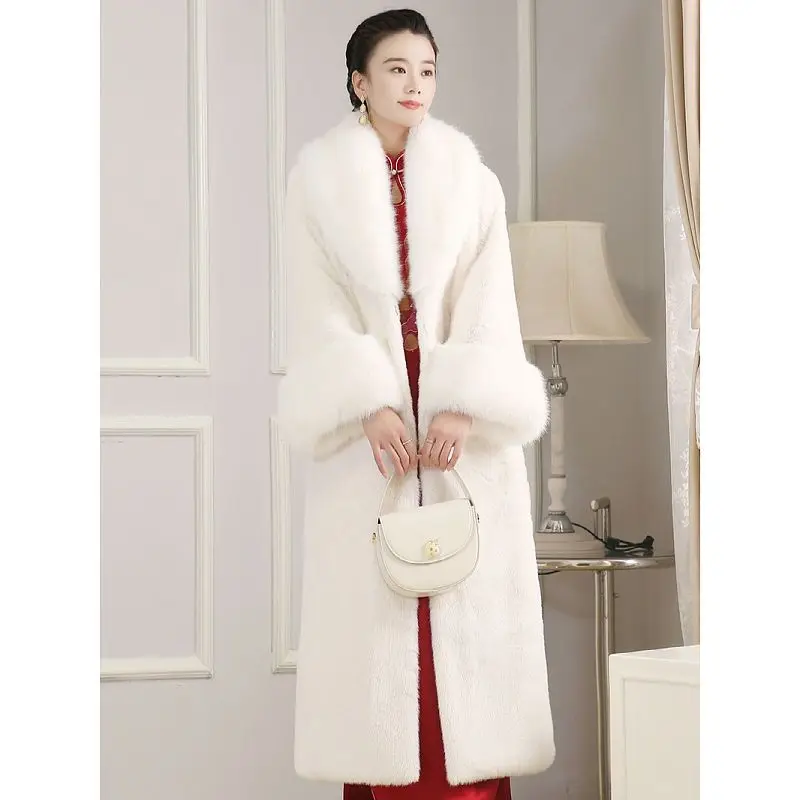 Fashion Imitation Fur Coat Female Winter New Thickened Temperament Mid Length Mink Plush Faux Fox Fur Collar Mink Coat Female