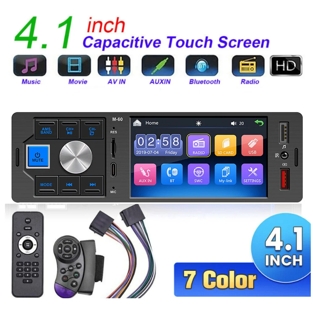 4.1 Car Radio 1 Din Touch Screen MP5 Player Bluetooth Hands Free Audio USB  TF 7 Colors Lighting Stereo System Head Unit 7805C - AliExpress