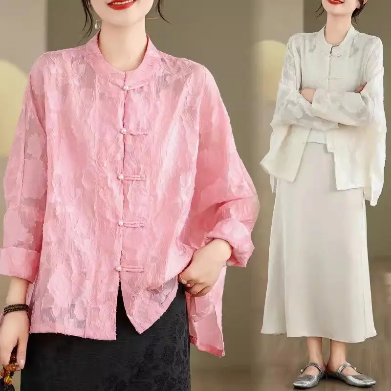 

Новинка 2024 года, куртка в китайском стиле с длинным рукавом и цветочным принтом, Солнцезащитная рубашка, топ, женская одежда, дизайнерская свободная облегающая накидка K839