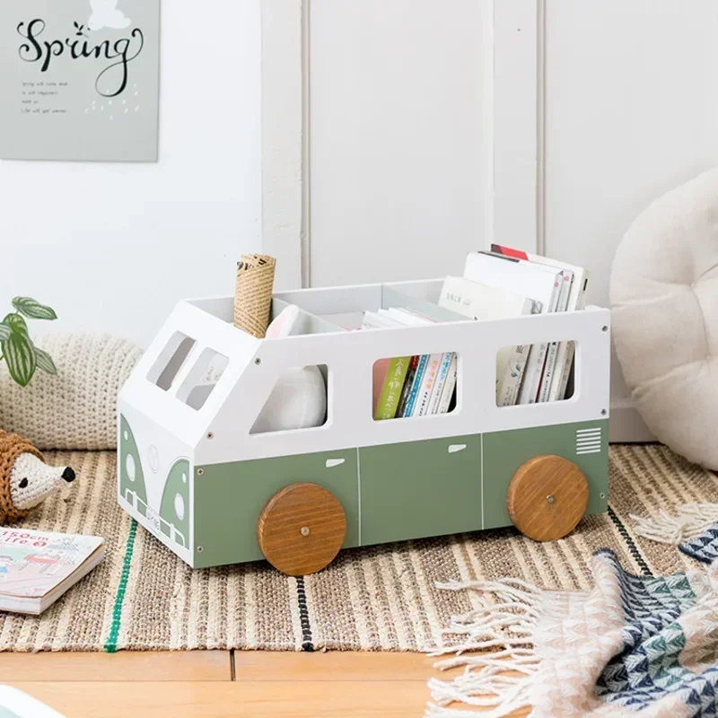 Wooden Bus Storage Cart Picture Book Organizer Movable Divider Bookshelf Bay Window Bedside Durable Design Easy Mobility