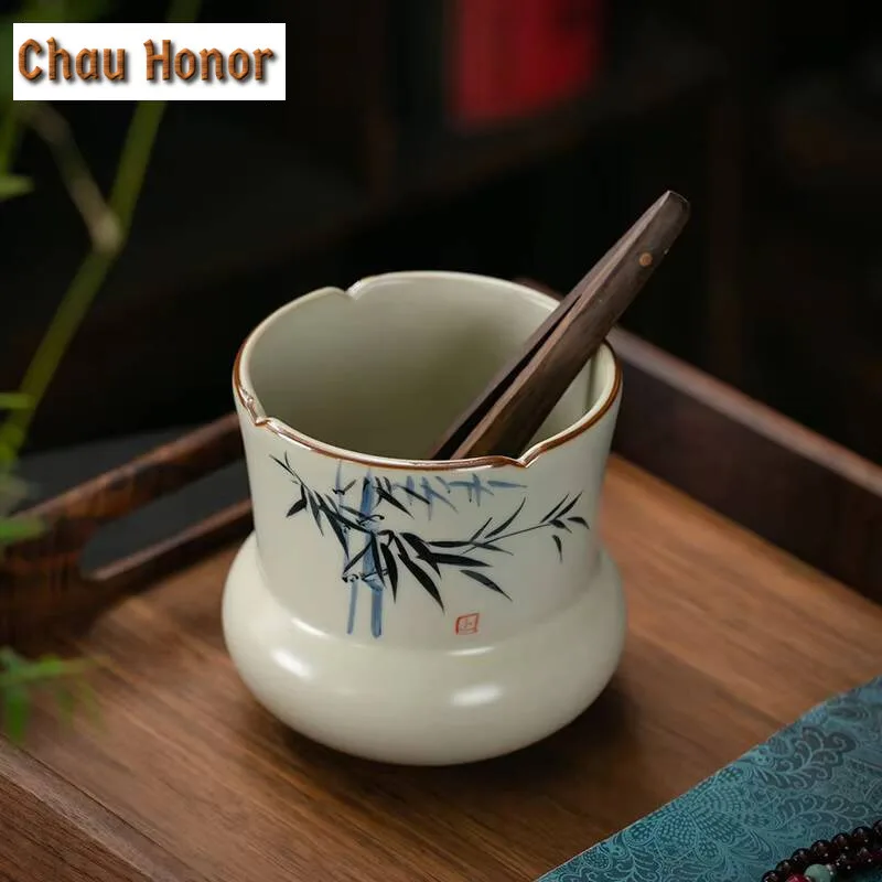 460ml Ancient Hand-painted Bamboo Jianshui Handmade Ru Kiln Tea Wash Writing-brush Washer Household Chaxi Teaware Ornaments