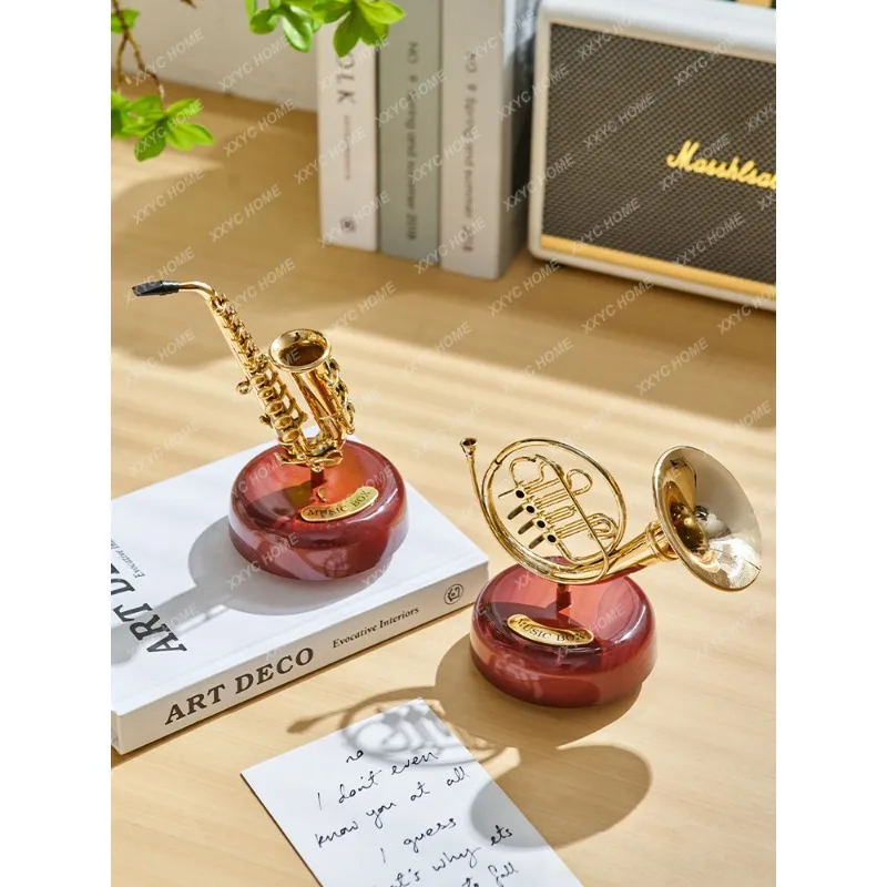

Retro Musical Instrument Saxophone Rotatable Music Box Hallway Wine Cabinet Music Box Table Decorative Ornament Nostalgic Gift