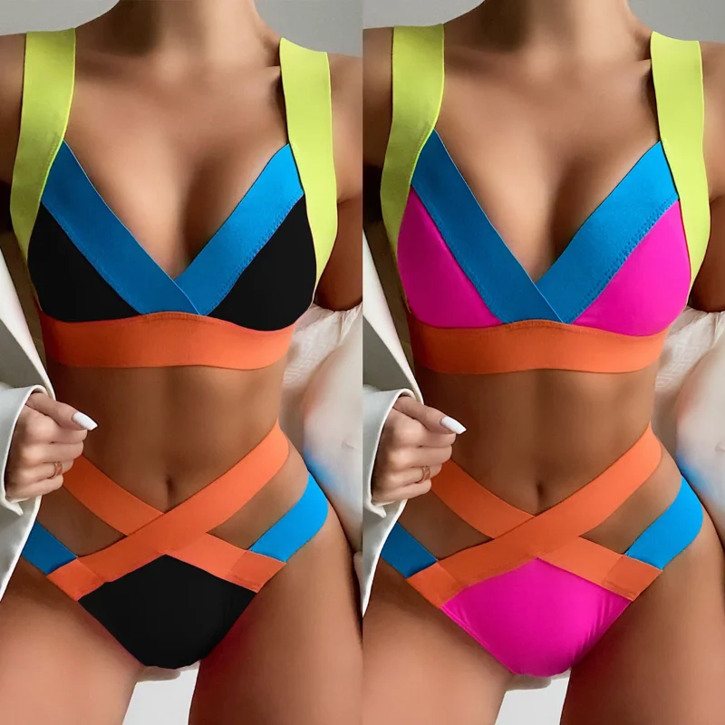 

Women 2 Piece Swimwear Rave Neon Patchwork Bikini Swimsuit Summer Sexy Cutout Molded Push Up Bathing Suit