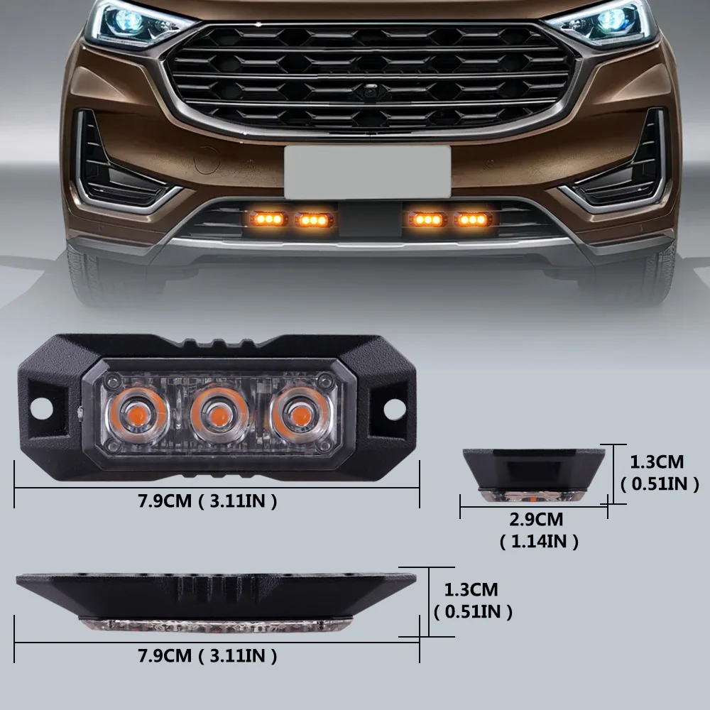 4PCS 3-LED Strobe Warning Light Mini Grille Flashing Lightbar For Car Vehicle Amber Flashing Light Emergency Hazard Beacon Lamp