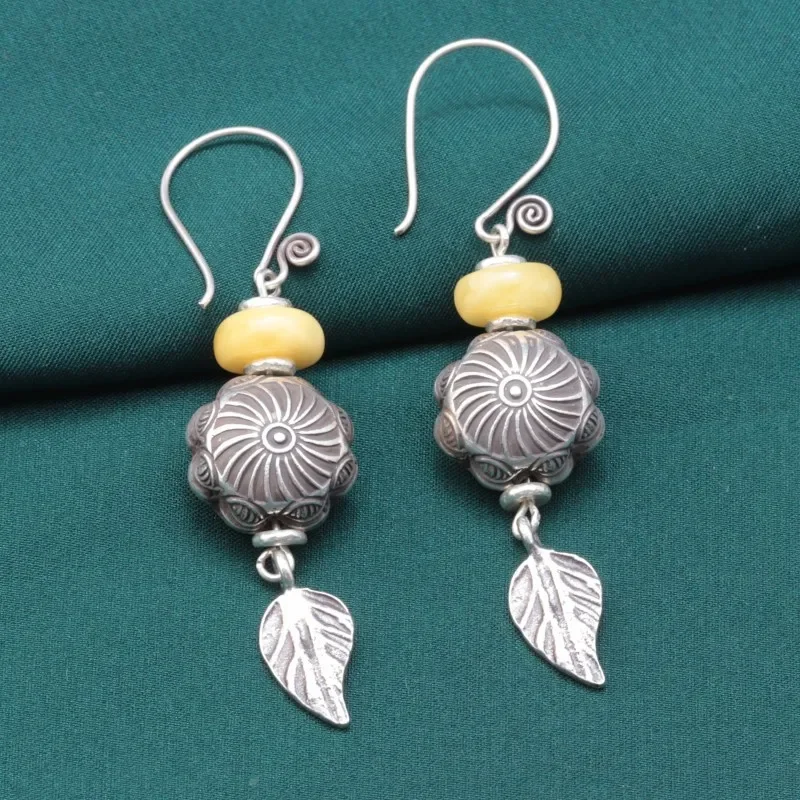 

Handmade silver Leaf Shape Dangle earrings Ethnic Vintage 925 Sterling Amber Beewax For Women Girls EH240