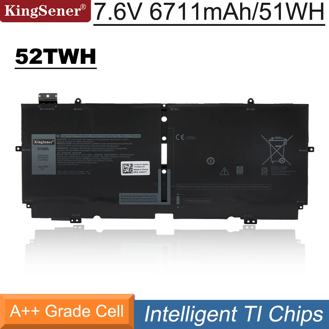 Bateria do Portátil para Dell Xps 13 7390 em Series Notebook P103g P103g001 P103g002 Mm6m8 Mm6m8 Xx3t7 7.6v 51wh Kingsener52twh
